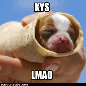 Very happy dog telling you to kys